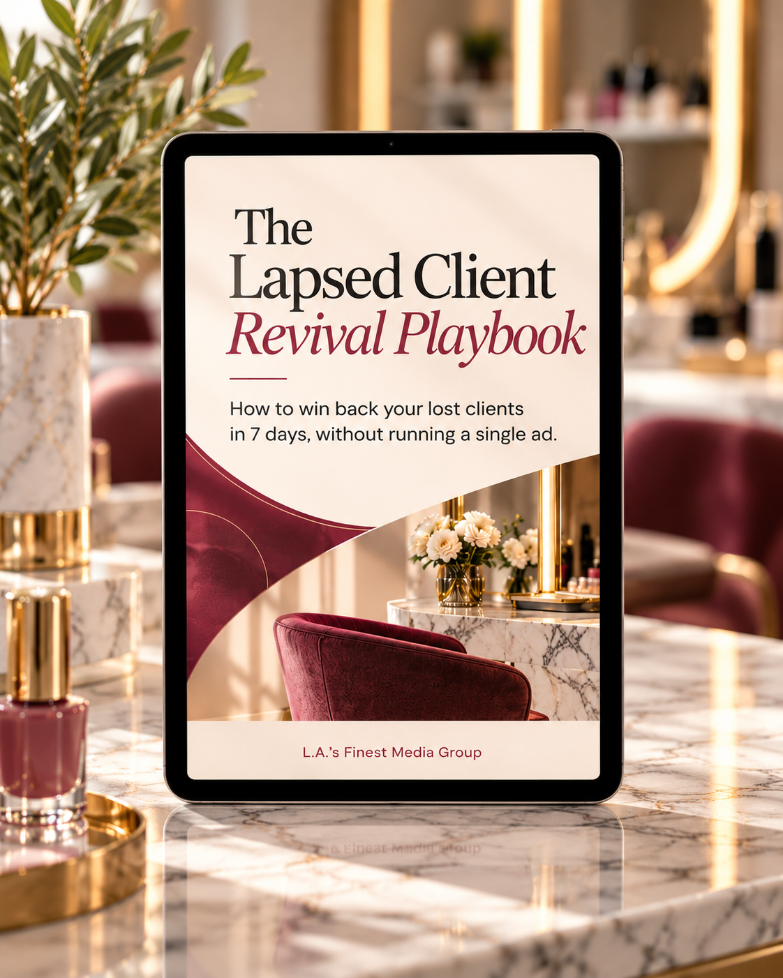 The Lapsed Client Revival Playbook displayed on a tablet